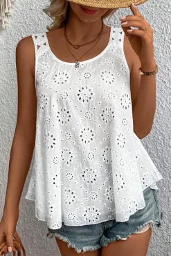 Sale Dear-Lover Eyelet Embroidery Tank Top White