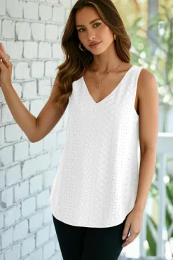 Best Dear-Lover Eyelet Knit Patterned Loose V Neck Tank Top White
