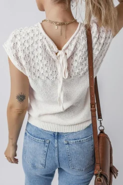 Clearance Dear-Lover Eyelet Knit Tied Back Short Sleeve Sweater White