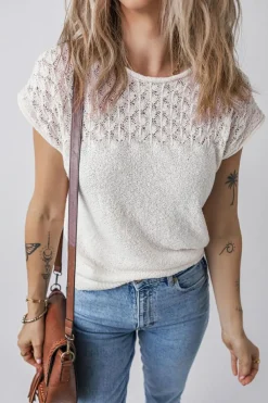 Clearance Dear-Lover Eyelet Knit Tied Back Short Sleeve Sweater White