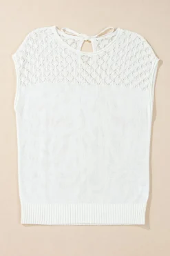 Clearance Dear-Lover Eyelet Knit Tied Back Short Sleeve Sweater White