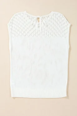 Clearance Dear-Lover Eyelet Knit Tied Back Short Sleeve Sweater White