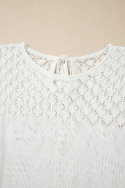 Clearance Dear-Lover Eyelet Knit Tied Back Short Sleeve Sweater White