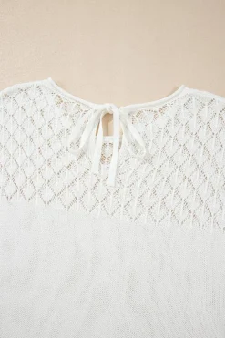 Clearance Dear-Lover Eyelet Knit Tied Back Short Sleeve Sweater White