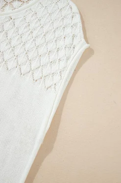 Clearance Dear-Lover Eyelet Knit Tied Back Short Sleeve Sweater White
