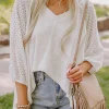 Clearance Dear-Lover Eyelet Patchwork High Low Hem V Neck Oversized Top White