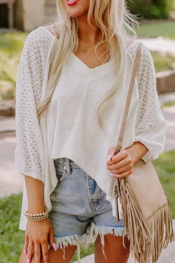 Clearance Dear-Lover Eyelet Patchwork High Low Hem V Neck Oversized Top White