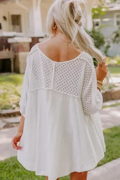 Clearance Dear-Lover Eyelet Patchwork High Low Hem V Neck Oversized Top White