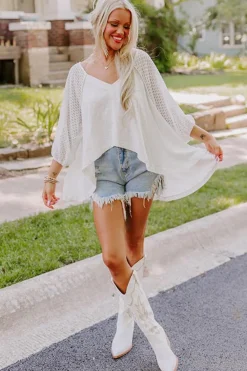 Clearance Dear-Lover Eyelet Patchwork High Low Hem V Neck Oversized Top White