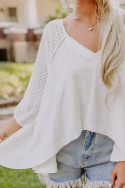 Clearance Dear-Lover Eyelet Patchwork High Low Hem V Neck Oversized Top White