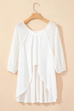 Clearance Dear-Lover Eyelet Patchwork High Low Hem V Neck Oversized Top White