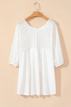 Clearance Dear-Lover Eyelet Patchwork High Low Hem V Neck Oversized Top White