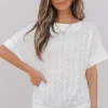 Best Dear-Lover Eyelet Pattern Boat Neck Casual Tee White