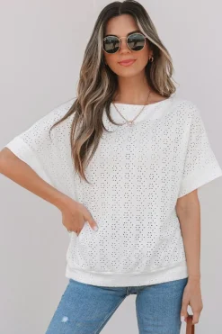 Best Dear-Lover Eyelet Pattern Boat Neck Casual Tee White