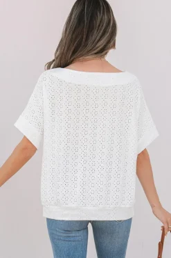 Best Dear-Lover Eyelet Pattern Boat Neck Casual Tee White