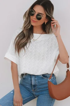 Best Dear-Lover Eyelet Pattern Boat Neck Casual Tee White