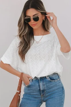 Best Dear-Lover Eyelet Pattern Boat Neck Casual Tee White