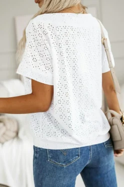 Best Dear-Lover Eyelet Pattern Boat Neck Casual Tee White