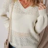 New Dear-Lover Eyelet Pattern Detail V Neck Drop Shoulder Sweater White