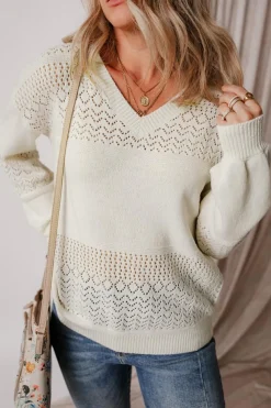 New Dear-Lover Eyelet Pattern Detail V Neck Drop Shoulder Sweater White