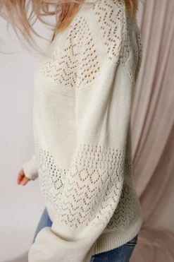 New Dear-Lover Eyelet Pattern Detail V Neck Drop Shoulder Sweater White