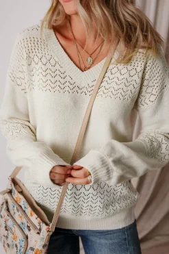 New Dear-Lover Eyelet Pattern Detail V Neck Drop Shoulder Sweater White