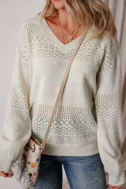 New Dear-Lover Eyelet Pattern Detail V Neck Drop Shoulder Sweater White