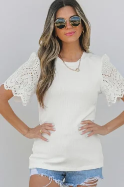 Online Dear-Lover Eyelet Pattern Short Sleeve Patchwork Ribbed Top White