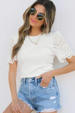 Online Dear-Lover Eyelet Pattern Short Sleeve Patchwork Ribbed Top White