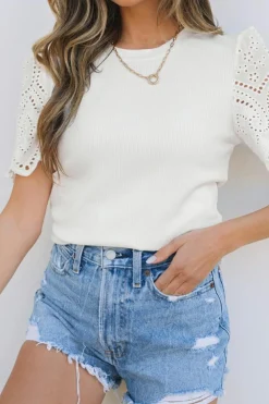 Online Dear-Lover Eyelet Pattern Short Sleeve Patchwork Ribbed Top White