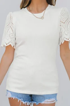 Online Dear-Lover Eyelet Pattern Short Sleeve Patchwork Ribbed Top White