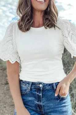 Online Dear-Lover Eyelet Pattern Short Sleeve Patchwork Ribbed Top White