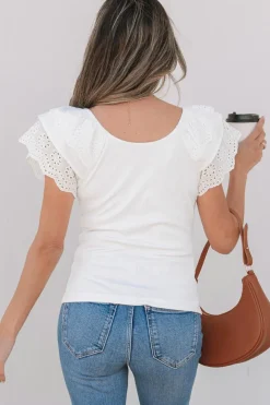 Hot Dear-Lover Eyelet Ruffle Sleeve Slim Fitted Top White