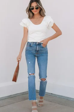 Hot Dear-Lover Eyelet Ruffle Sleeve Slim Fitted Top White