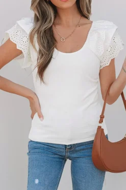 Hot Dear-Lover Eyelet Ruffle Sleeve Slim Fitted Top White