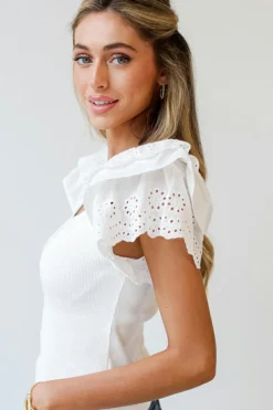Hot Dear-Lover Eyelet Ruffle Sleeve Slim Fitted Top White