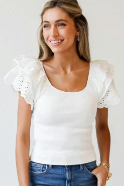 Hot Dear-Lover Eyelet Ruffle Sleeve Slim Fitted Top White