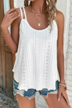 Discount Dear-Lover Eyelet Strappy Scoop-Neck Tank Top White