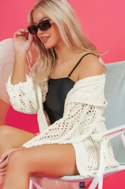 Fashion Dear-Lover Fashion Open Knit Hooded Beach Cover Up White