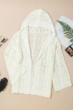 Fashion Dear-Lover Fashion Open Knit Hooded Beach Cover Up White