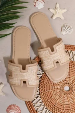 New Dear-Lover Faux Raffia Detail Hollowed Open Toe Slippers White