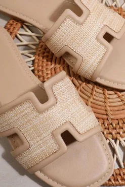 New Dear-Lover Faux Raffia Detail Hollowed Open Toe Slippers White