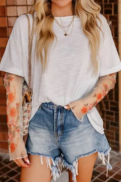 Outlet Dear-Lover Faux Two Piece Floral Long Sleeve Patchwork Tee White