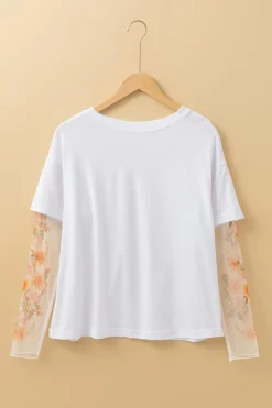 Outlet Dear-Lover Faux Two Piece Floral Long Sleeve Patchwork Tee White