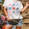Clearance Dear-Lover Flag Day Stars Print Crew Neck T Shirt White
