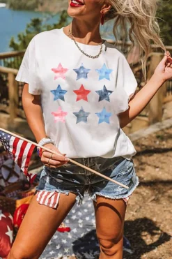 Clearance Dear-Lover Flag Day Stars Print Crew Neck T Shirt White