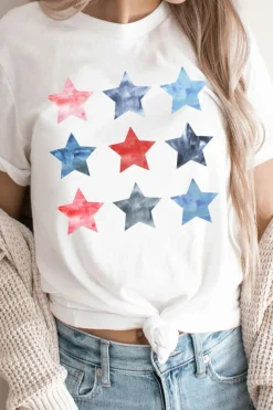 Clearance Dear-Lover Flag Day Stars Print Crew Neck T Shirt White