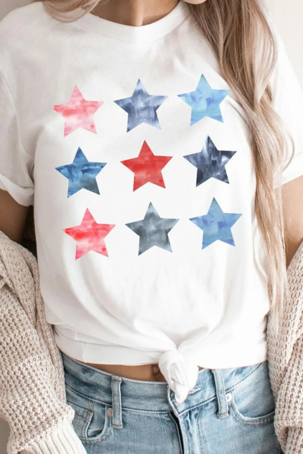 Clearance Dear-Lover Flag Day Stars Print Crew Neck T Shirt White
