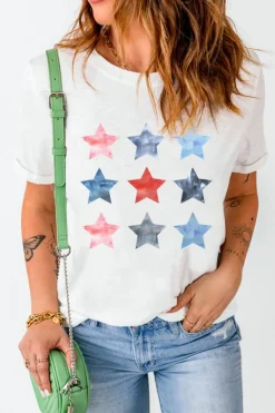 Clearance Dear-Lover Flag Day Stars Print Crew Neck T Shirt White