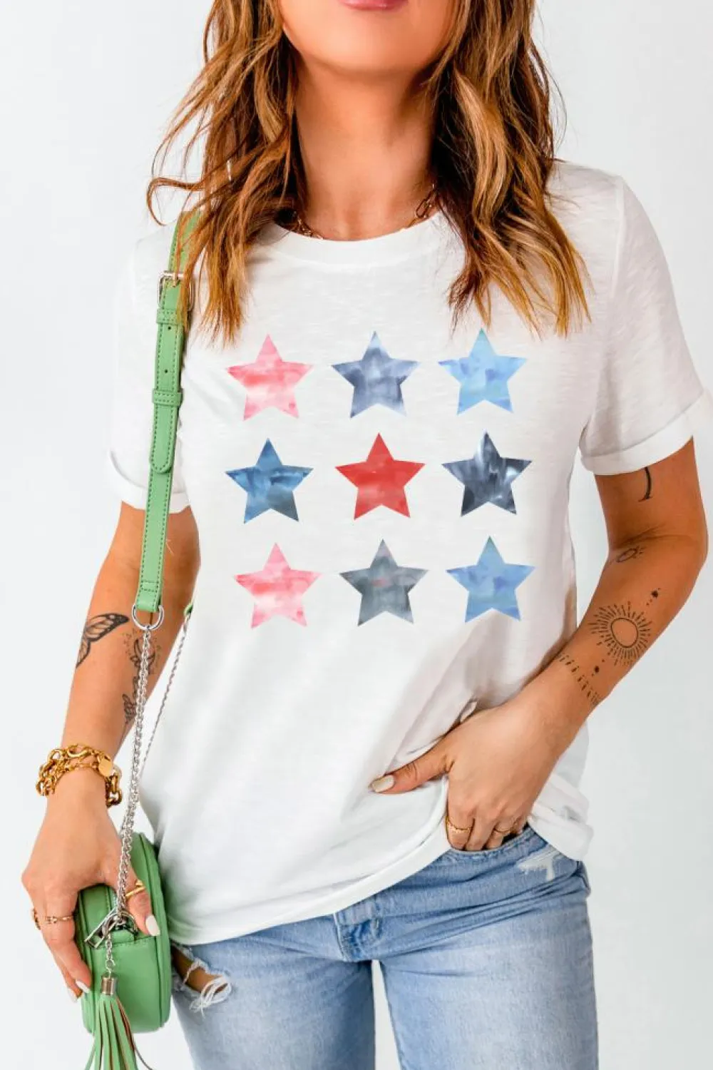 Clearance Dear-Lover Flag Day Stars Print Crew Neck T Shirt White